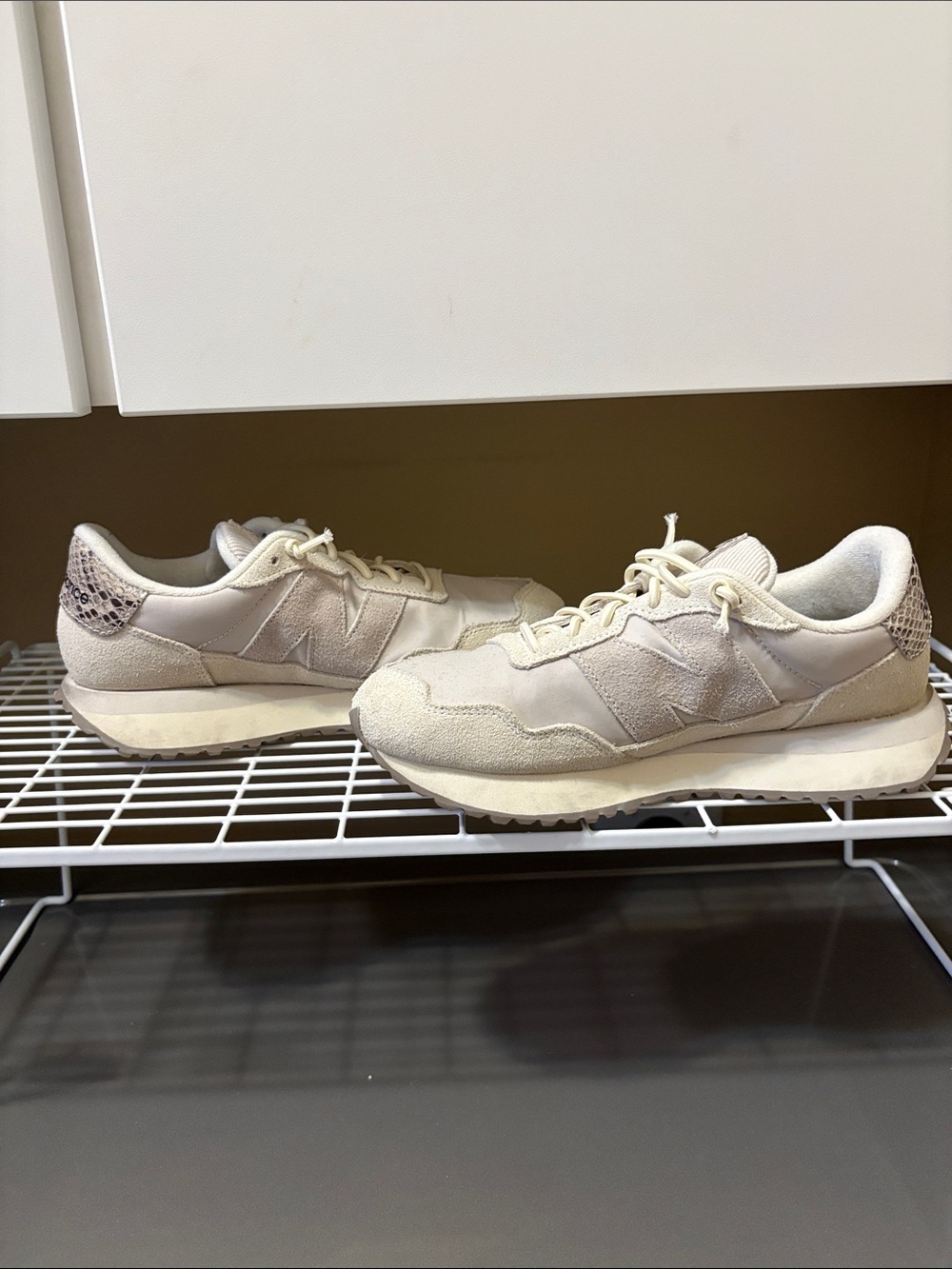 New Balance Cream Suede & Snake-Print Heel Sneakers